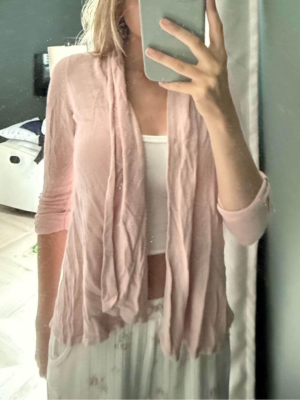 Joan Vass Light Pink Open-Front Draped Cardigan